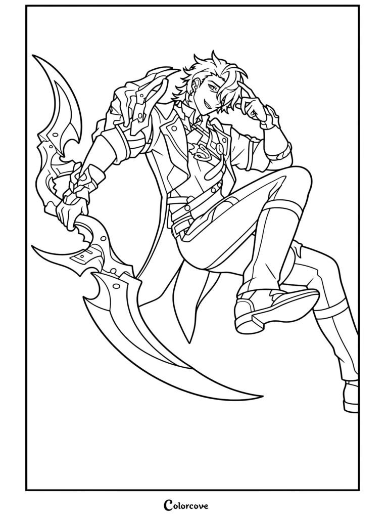 Dibujo para colorear de Honkai Star Rail con Sampo en una pose dinámica sosteniendo una gran espada curva.