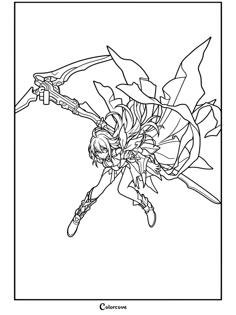 Dibujo para colorear del retrato de Seele de Honkai Star Rail sosteniendo un arma con una capa ondeante dinámica