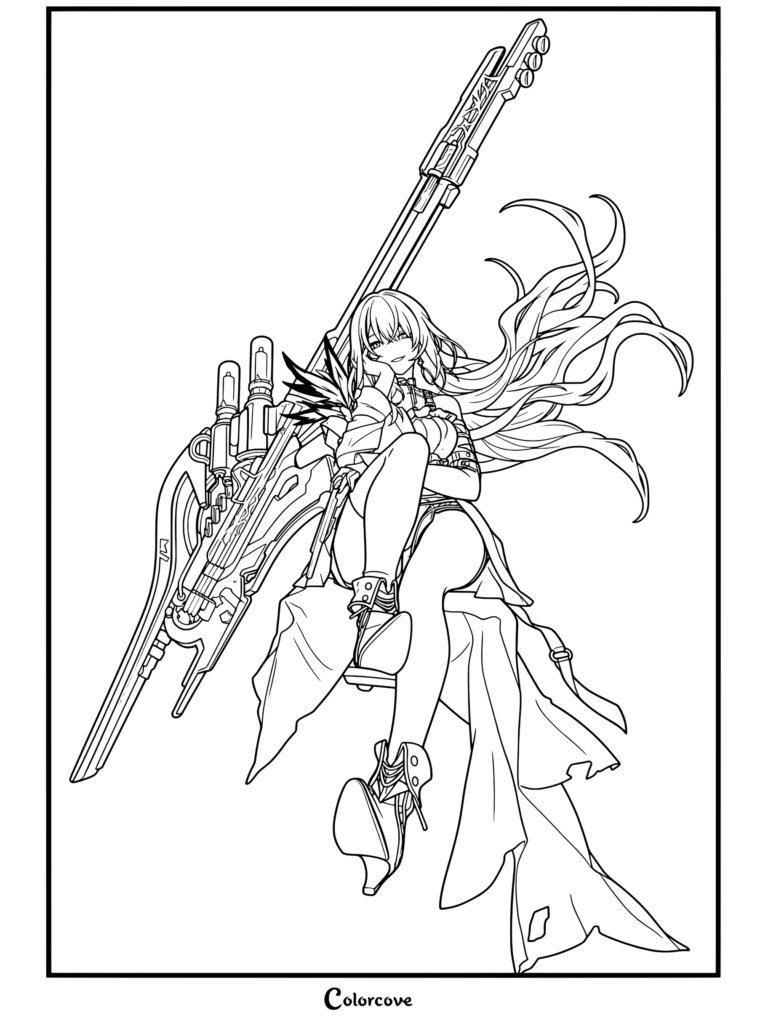 Serval de Honkai Star Rail posando con su arma mecánica en un dibujo para colorear e imprimir gratis.