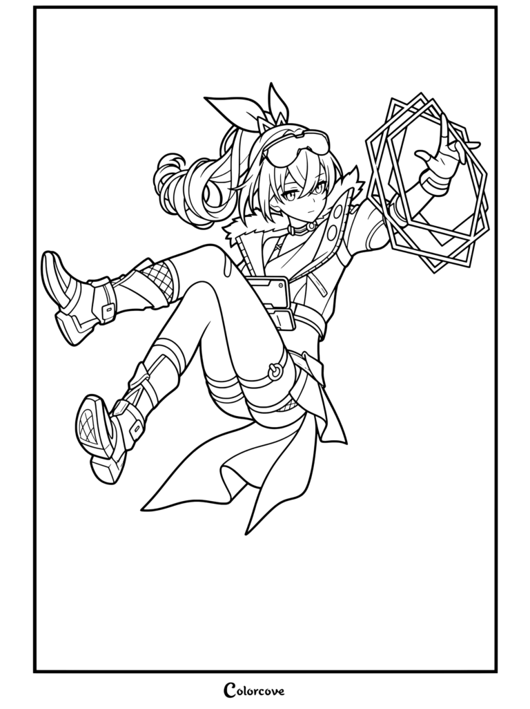 Dibujo para colorear del retrato de Silver Wolf de Honkai Star Rail con la hacker y su interfaz geométrica holográfica.
