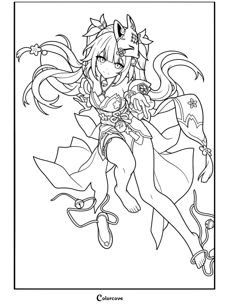Dibujo para colorear de Sparkle de Honkai Star Rail mostrando al personaje en una pose dinámica con su máscara.