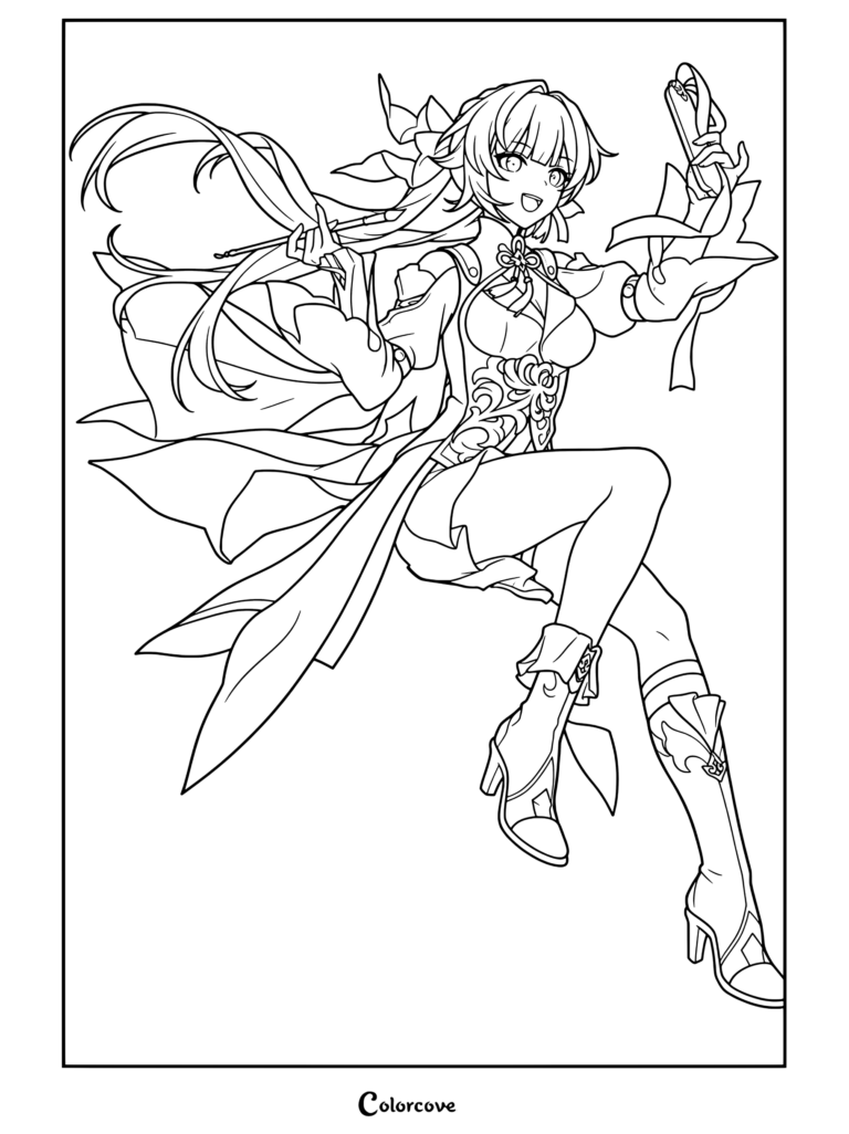 Dibujo para colorear e imprimir de Sushang de Honkai Star Rail en una pose de acción sosteniendo su arma.