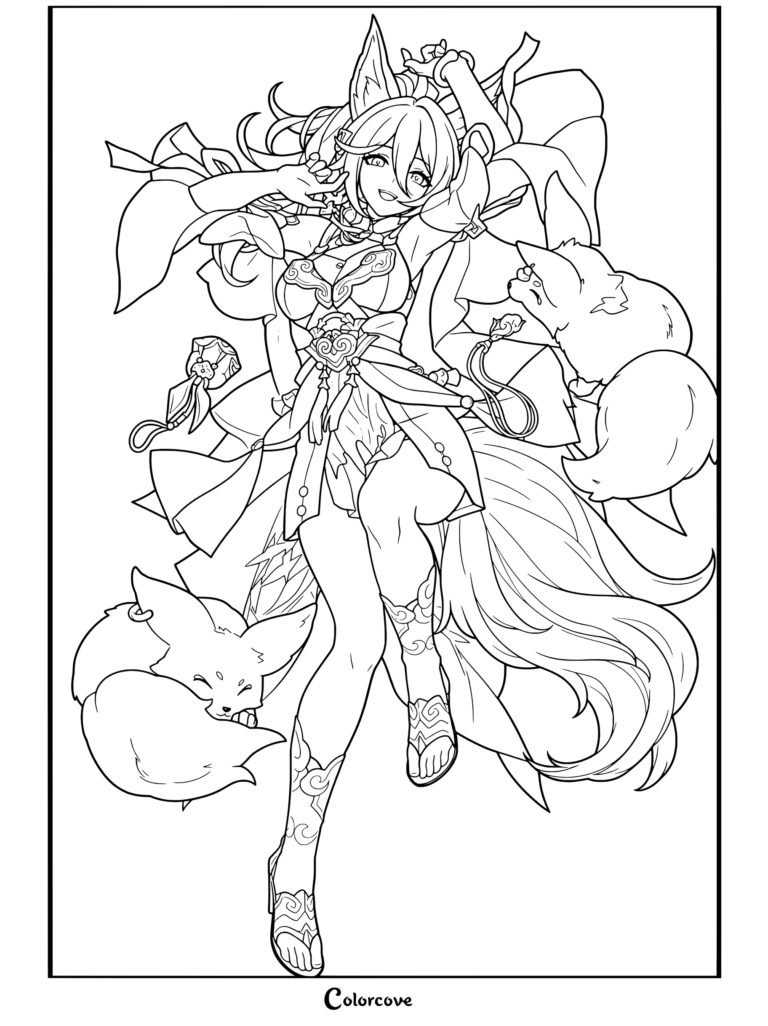 Detallado dibujo para colorear de Honkai Star Rail con Tingyun posando junto a esponjosos espíritus de zorro.