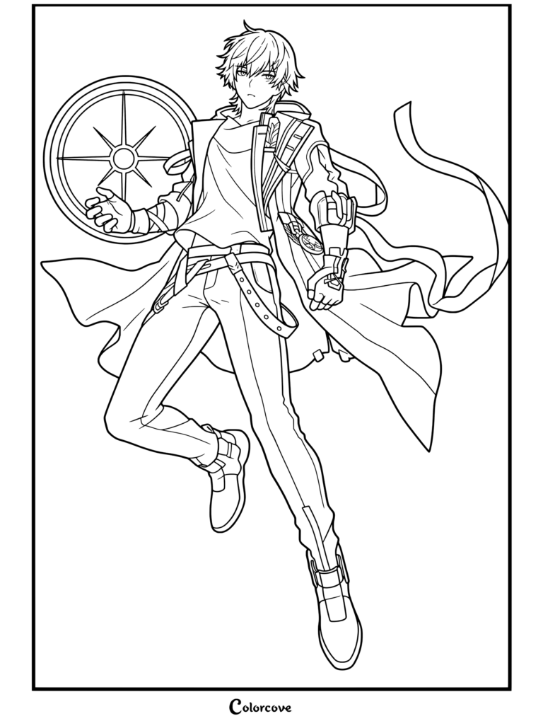 Dibujo para colorear de Caelus de la Destrucción de Honkai Star Rail posando con un escudo ardiente y su chaqueta dinámica.