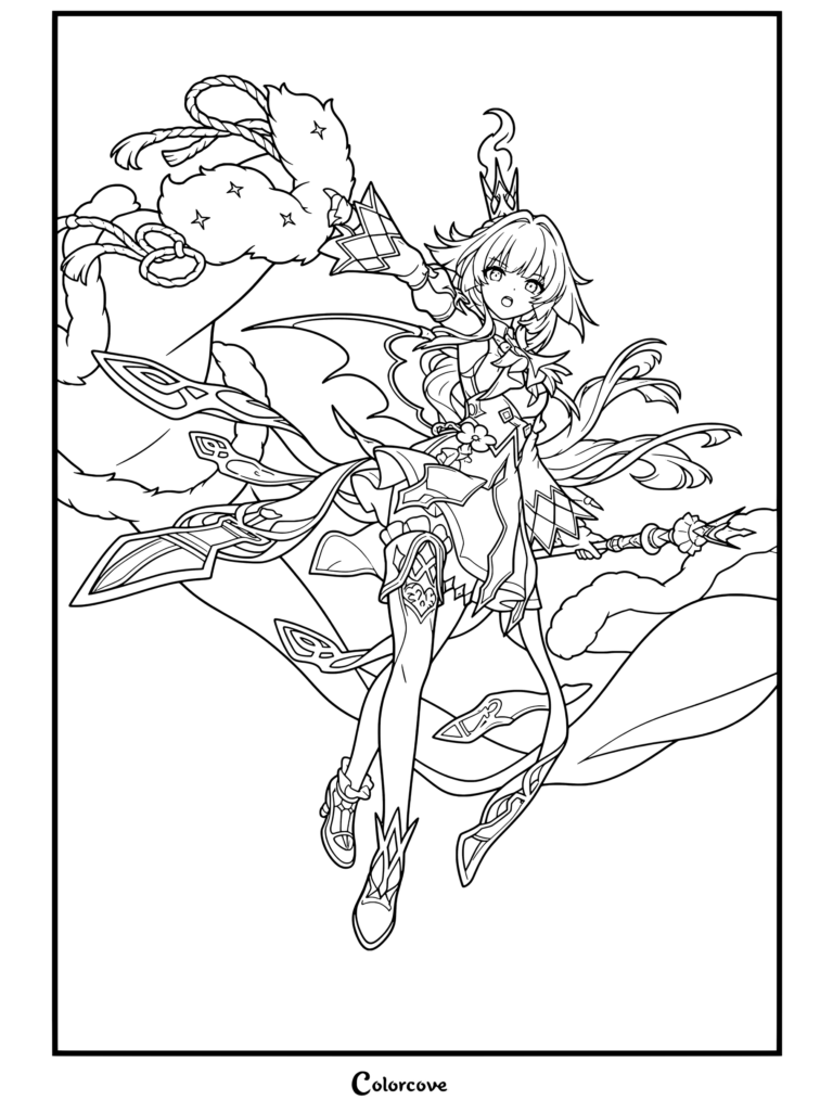 Dibujo para colorear de Honkai Star Rail con el personaje Cerydra en una pose dinámica con cabello ondulante y vestimenta ornamentada.