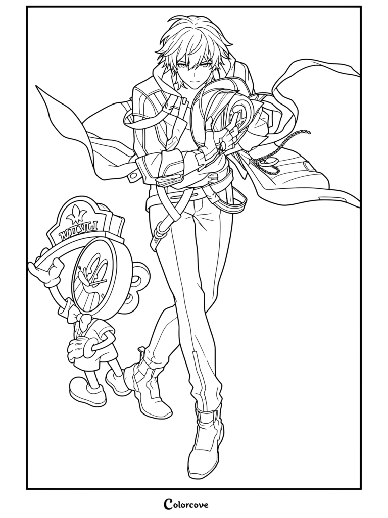 Dibujo para colorear de Honkai Star Rail con el Trazacaminos Caelus de la Armonía posando con Relojito.