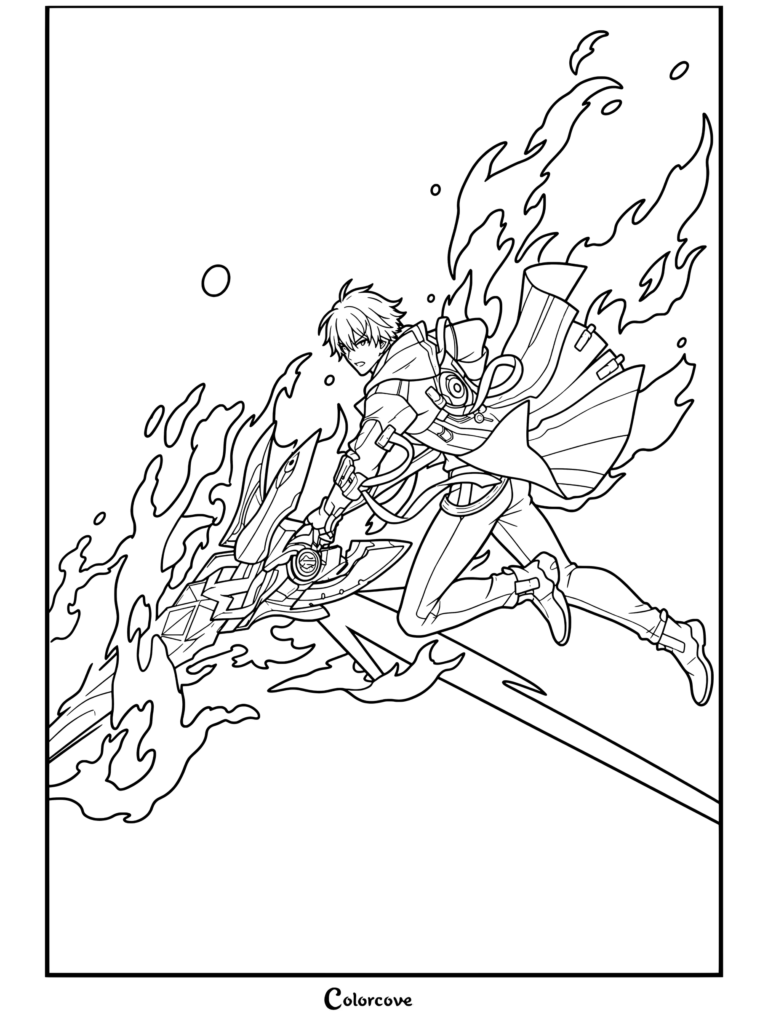 Dibujo para colorear de Honkai Star Rail con el Trazacaminos Caelus de la Conservación en acción