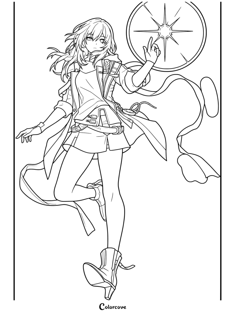 Dibujo para imprimir gratis de la Trazacaminos Stelle de la Destrucción de Honkai Star Rail en pose de acción con una brújula cósmica.