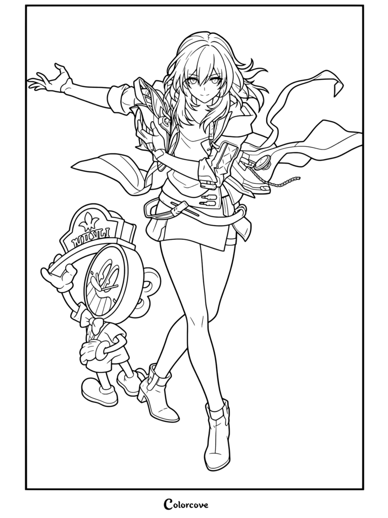 Dibujo para colorear de Honkai Star Rail con la Trazacaminos Stelle con su atuendo de la Vía de la Armonía junto a Relojito en una pose dinámica