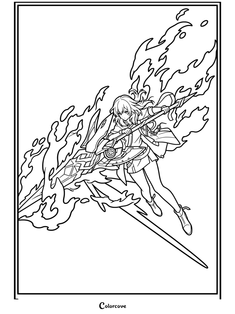 Dibujo para colorear de Honkai Star Rail con la Trazacaminos Stelle en su Vía de la Conservación con una lanza en llamas.