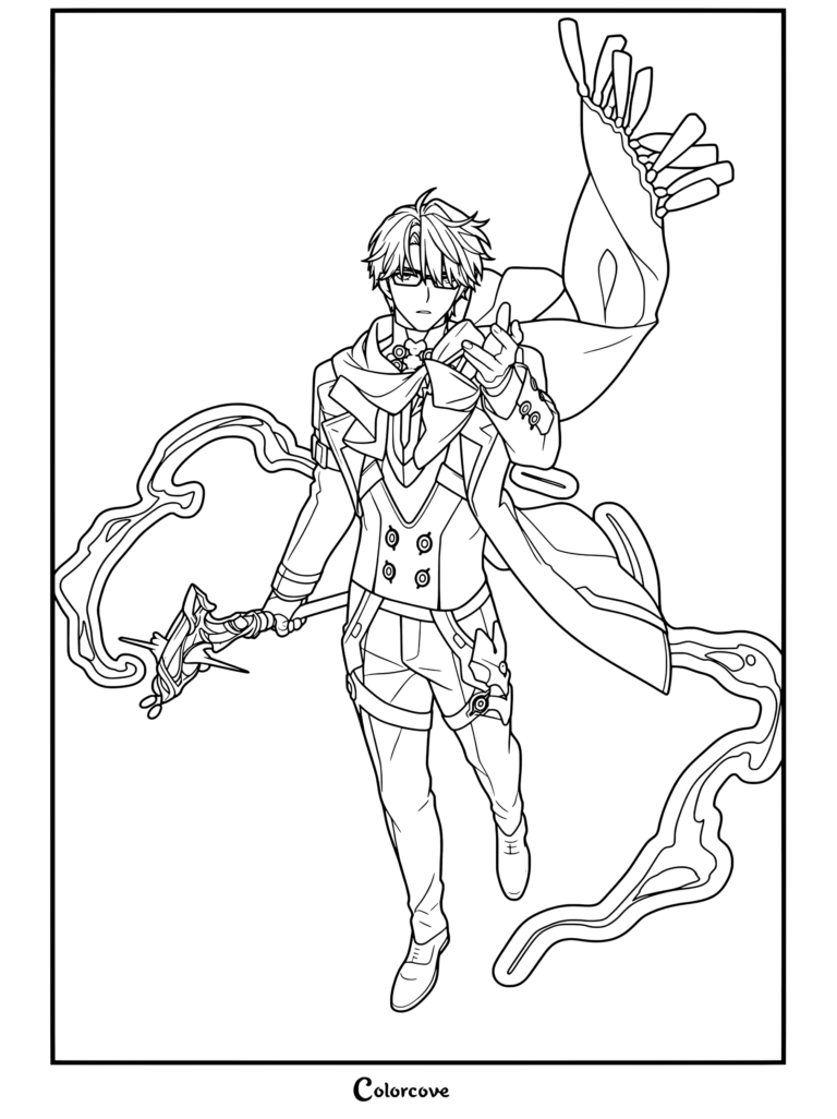 Dibujo para colorear del retrato de Welt de Honkai Star Rail con su bastón característico y gafas en una pose dinámica.