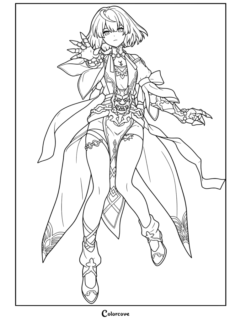 Dibujo de arte lineal para colorear e imprimir de Xueyi de Honkai Star Rail con un detallado retrato del personaje.