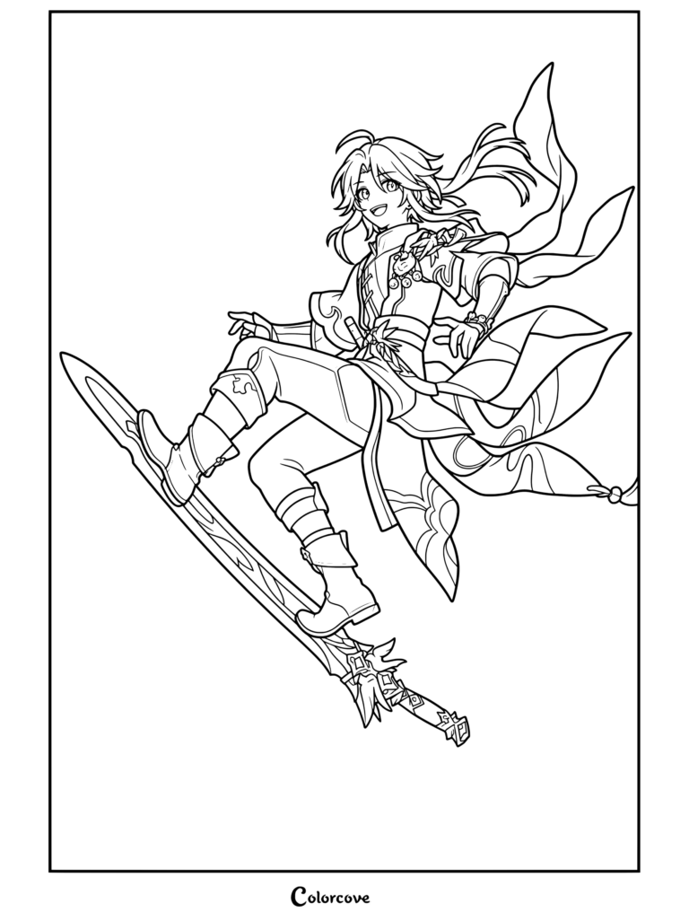 Yanqing sobre su espada voladora en una dinámica pose de acción, en este dibujo para colorear de Honkai Star Rail.