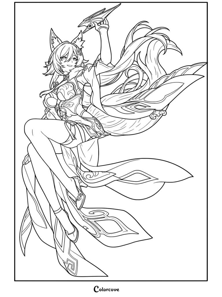 Dibujo para colorear gratis de Honkai Star Rail con Yukong posando dinámicamente con sus orejas zorrunas y su ornamentado atuendo.