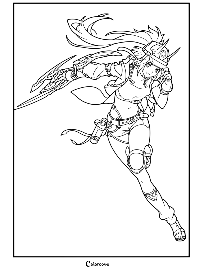 Dibujo para colorear del retrato de Rappa de Honkai Star Rail con el personaje saltando hacia adelante luciendo un guantelete con cuchillas mecánicas.