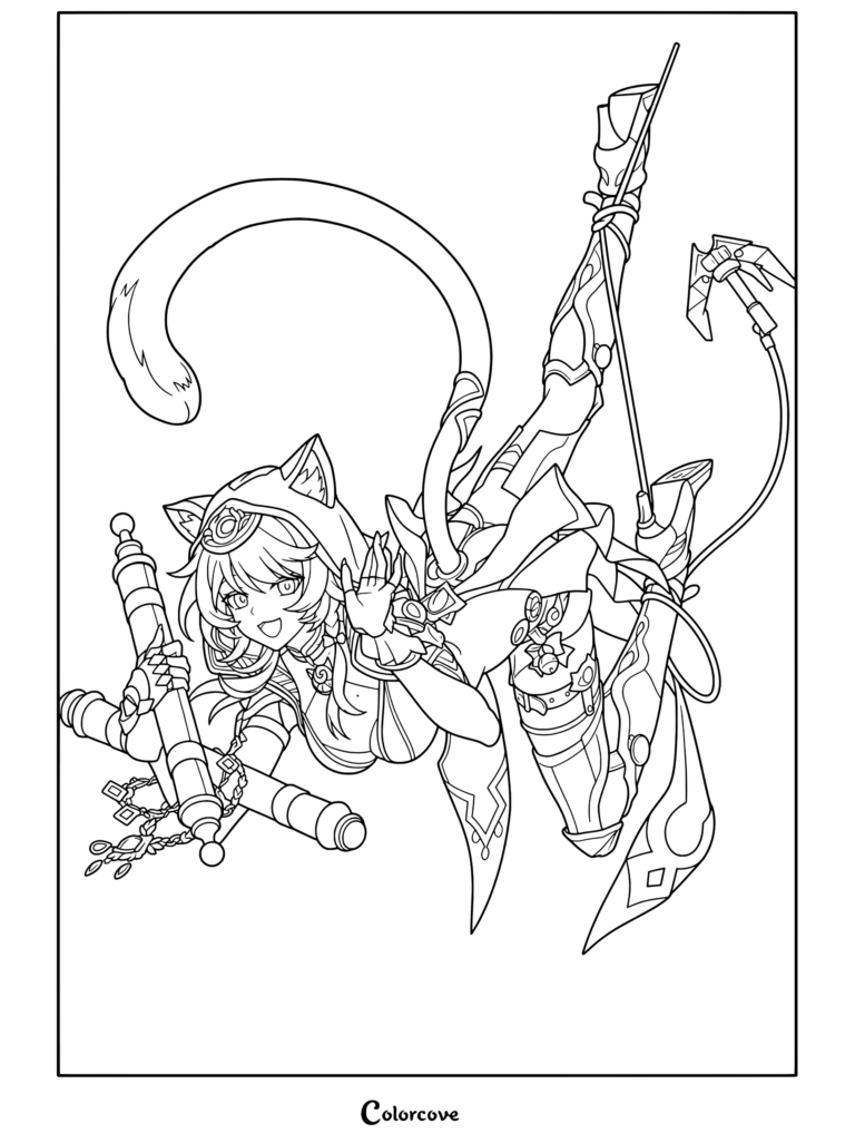 Dibujo para colorear e imprimir de Cipher de Honkai Star Rail posando con un pergamino y un gancho de agarre.