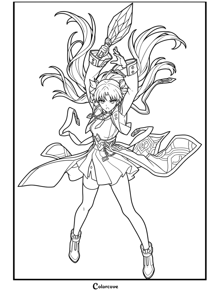 Dibujo para colorear e imprimir gratis de Rin Tohsaka de Honkai Star Rail empuñando una espada.