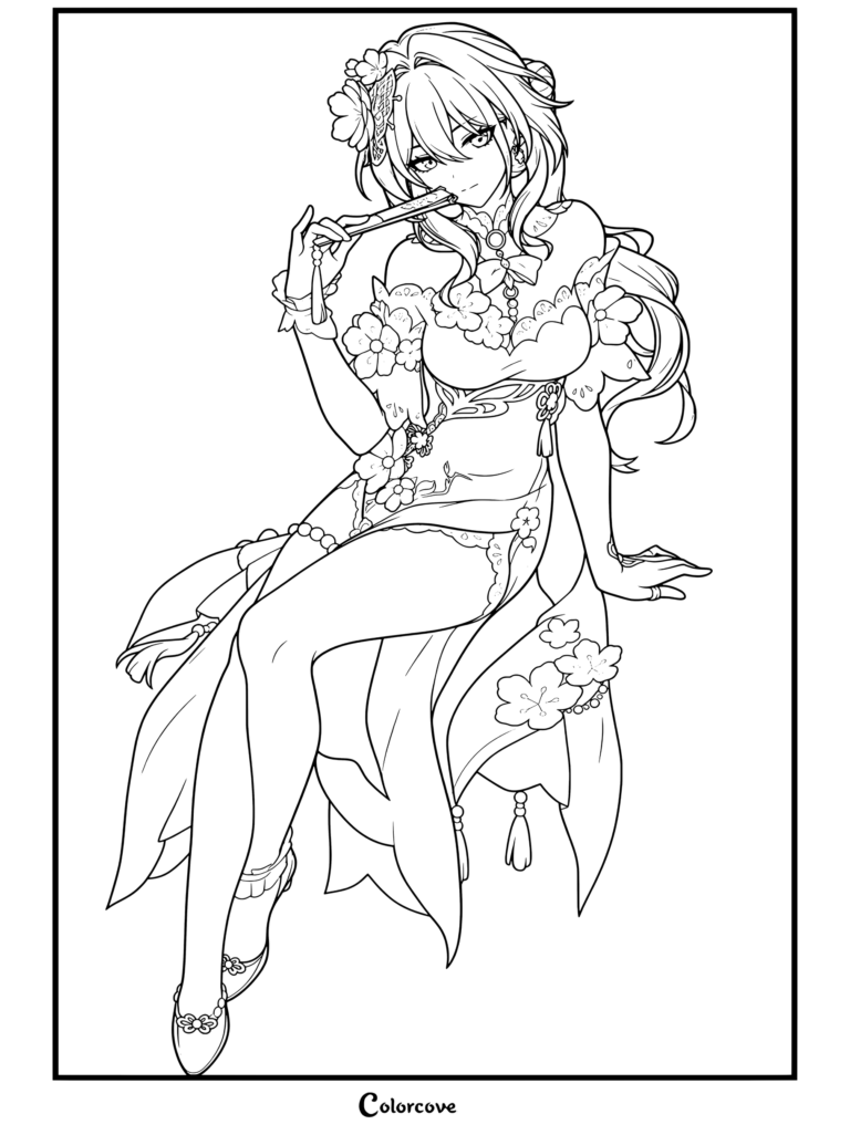 Dibujo para colorear e imprimir gratis de Ruan Mei de Honkai Star Rail sosteniendo una carta con flores de ciruelo en un detallado retrato.