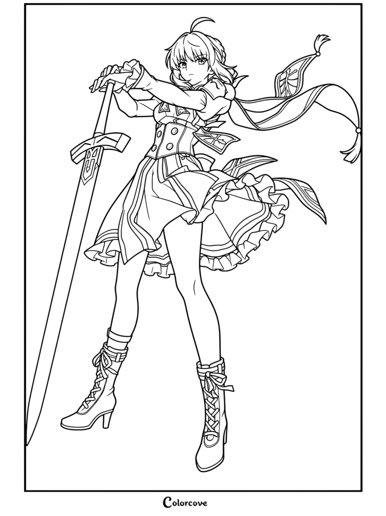 Dibujo para colorear de Honkai Star Rail con un retrato detallado de Saber sosteniendo una gran espada en pose de acción.