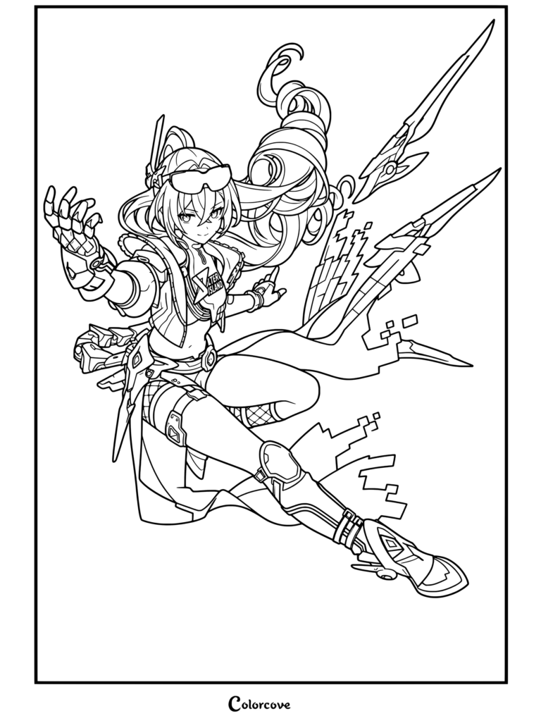 Dibujo para colorear del retrato de Silver Wolf NV. 999 de Honkai Star Rail mostrando los detalles del personaje y su atuendo en estilo de arte lineal.