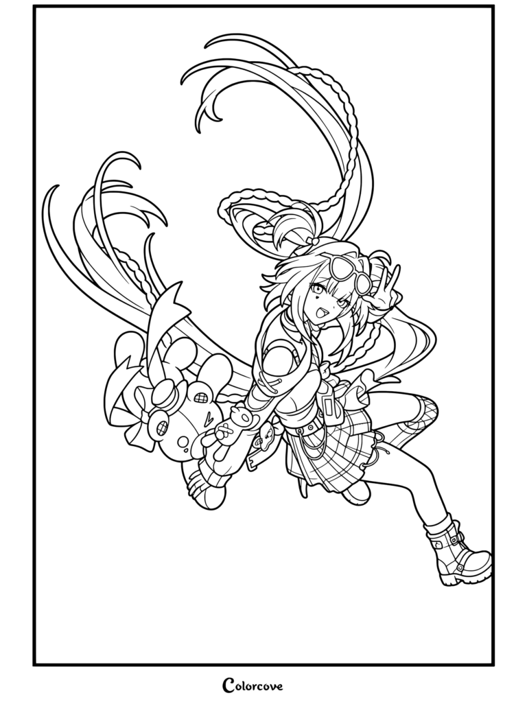 Dibujo para colorear de Honkai Star Rail con Sparxie de Candy-Coated Waves con coletas trenzadas al viento y un peluche.