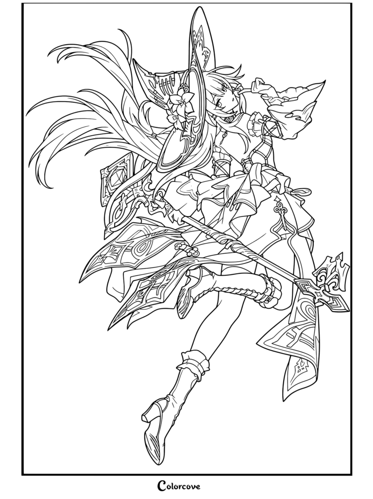 Detallado dibujo para colorear del retrato de La Gran Herta de Honkai Star Rail mostrando al personaje en una pose dinámica.