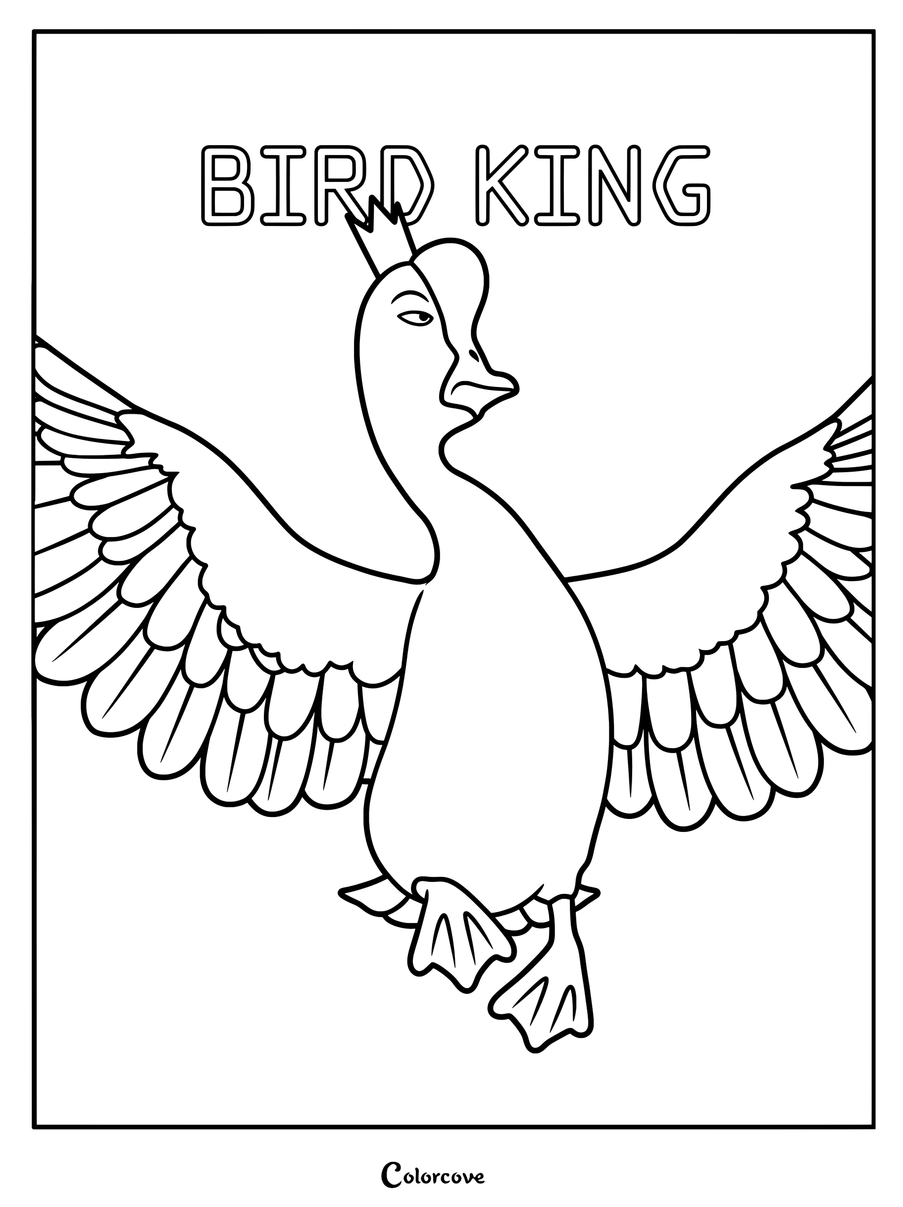 Line art coloring page of Bird King from Hoppers, a goose monarch wearing a small crown with wings spread wide.