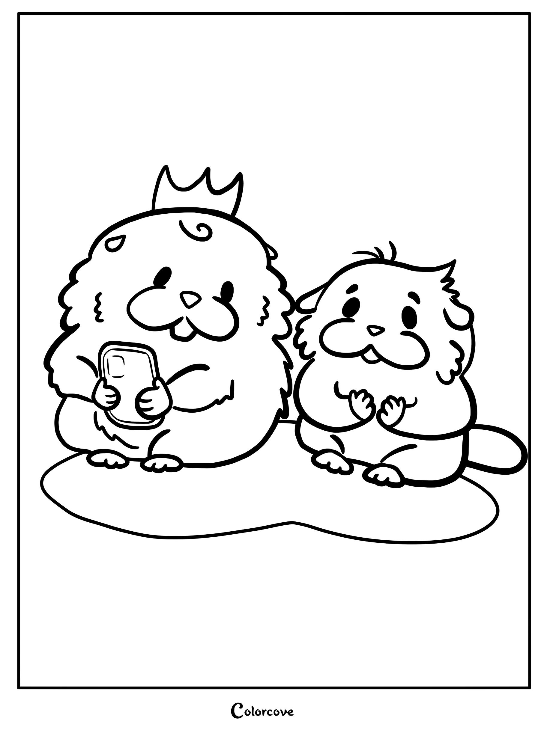King George wearing his crown and Mabel sitting together in this printable coloring page of the two beavers.