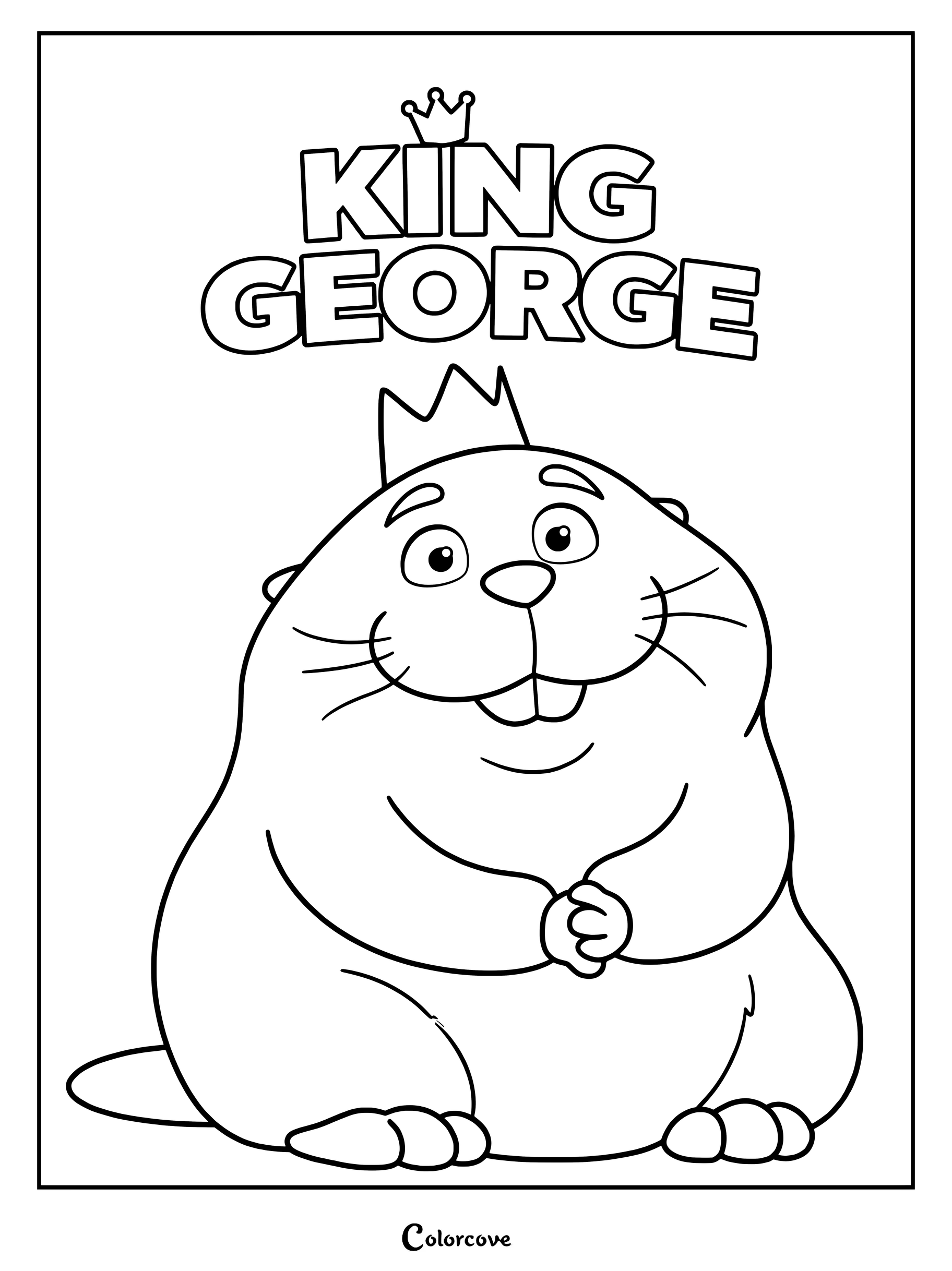 A printable coloring page featuring King George from Hoppers, depicted as a jovial beaver wearing a crown with his name written in bold letters above him.