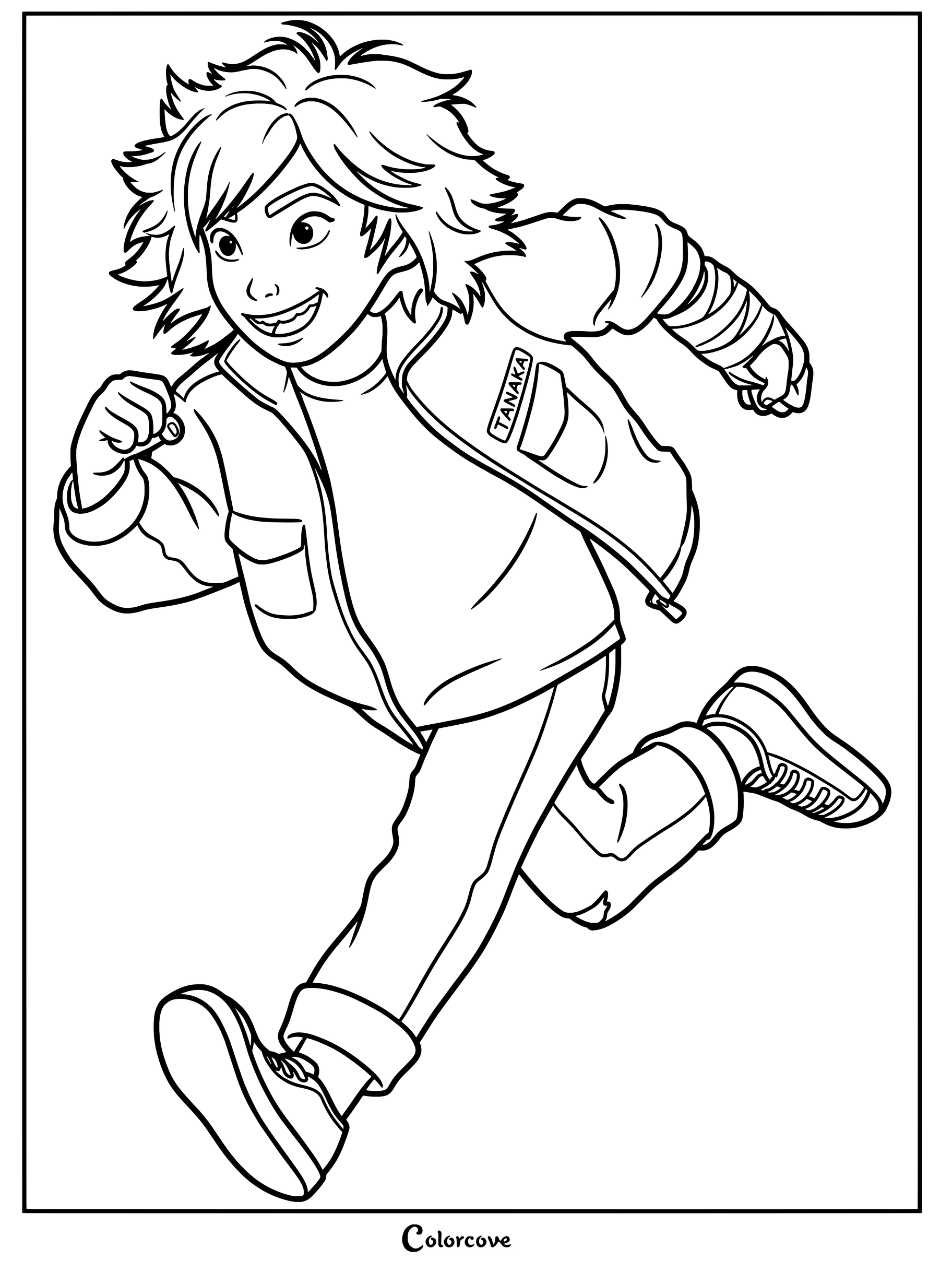 Mabel Tanaka from Hoppers running in a jacket with her name on it, featured in a printable coloring page.