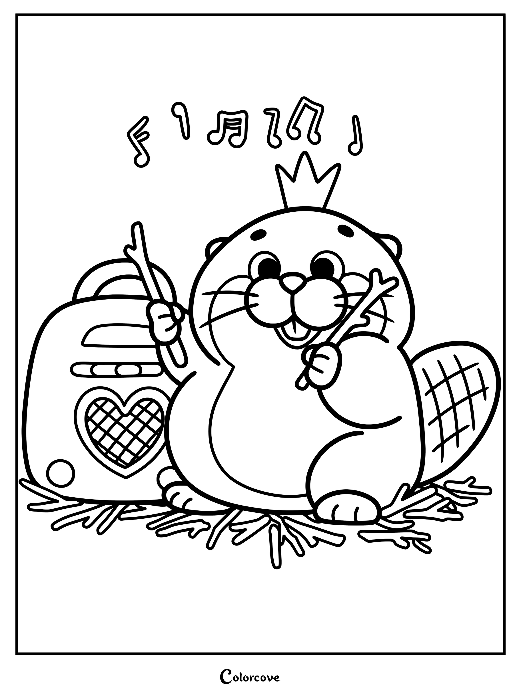 King George the beaver wearing a crown and holding sticks to play music next to a heart-shaped boombox in this printable coloring page.