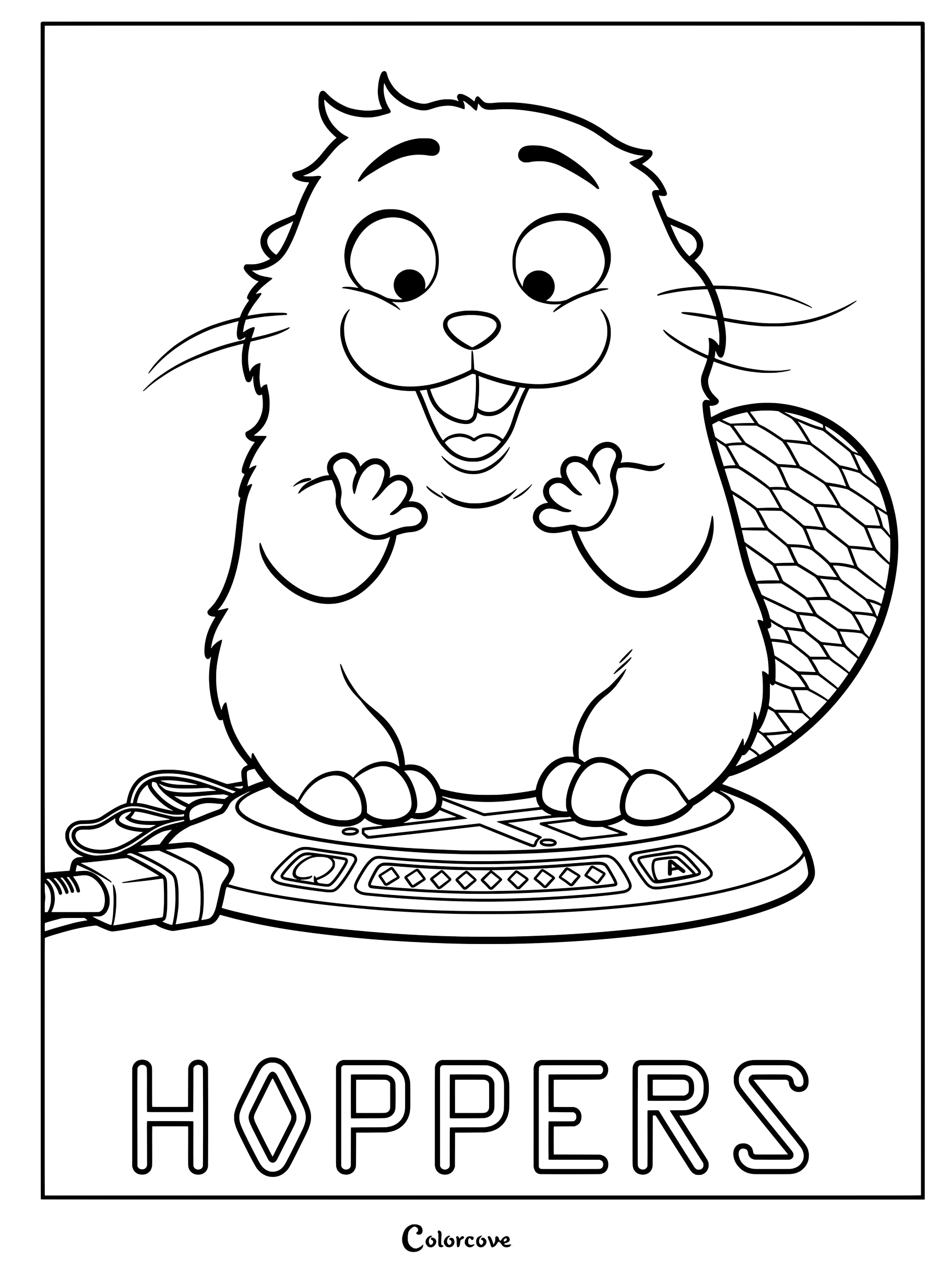 Mabel Tanaka as a robotic beaver standing on the mind transfer machine platform in this printable coloring page.