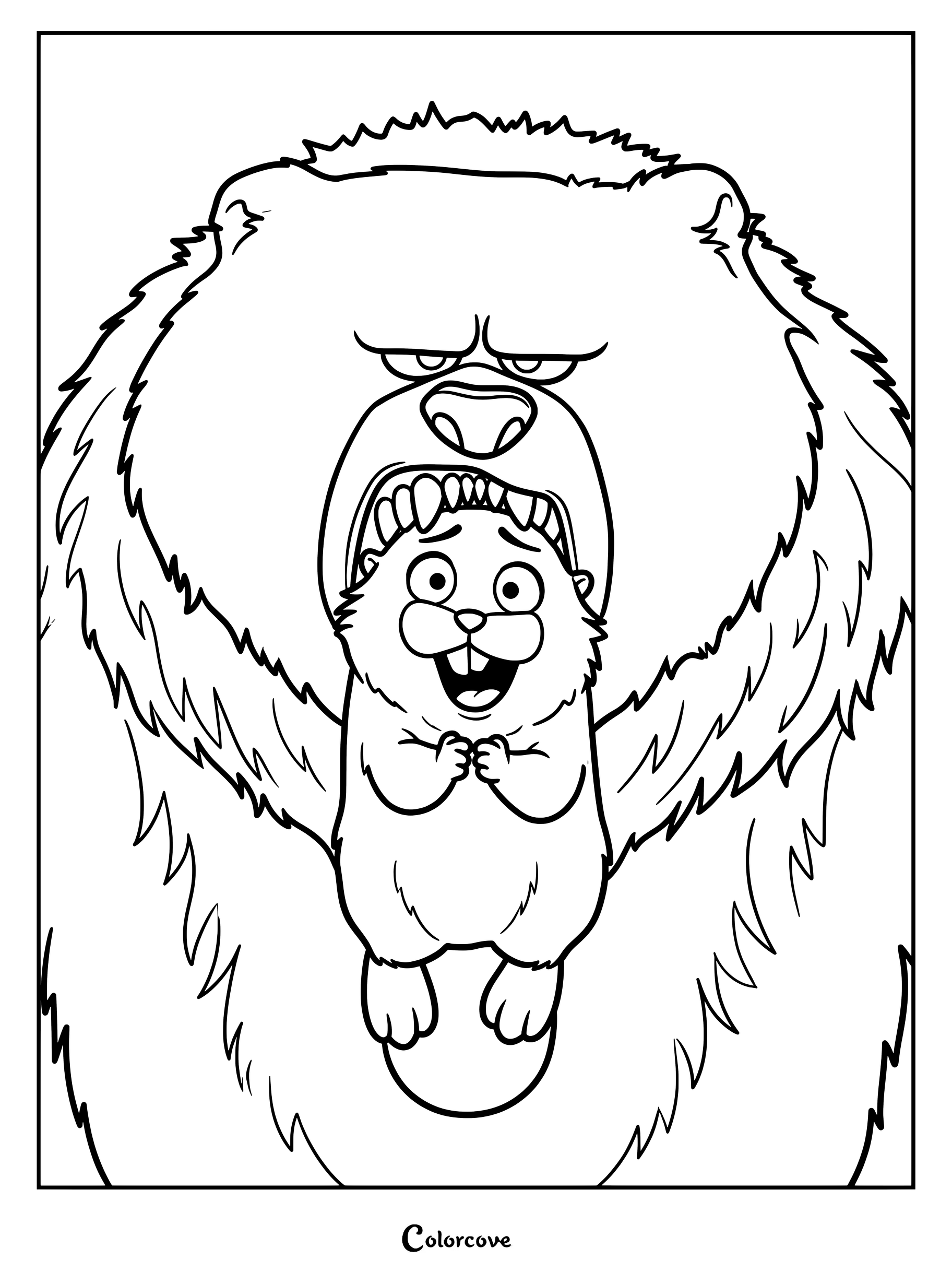 Mabel Tanaka in her robotic beaver form being held by the grumpy Ellen Bear in this printable coloring page.