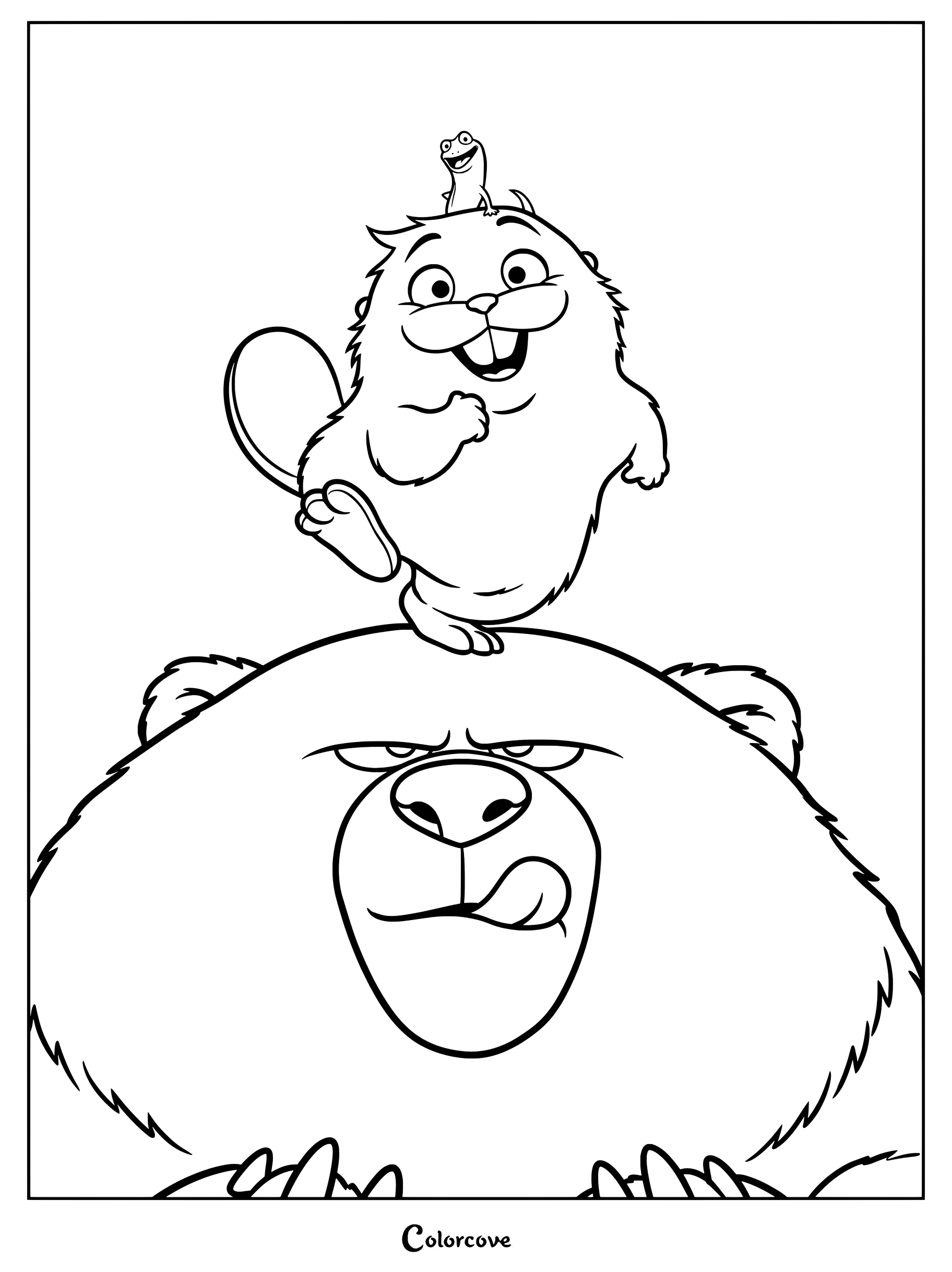 A printable coloring page featuring Mabel in her robotic beaver form standing on top of Ellen the bear, with Tom Lizard perched on Mabel's head.