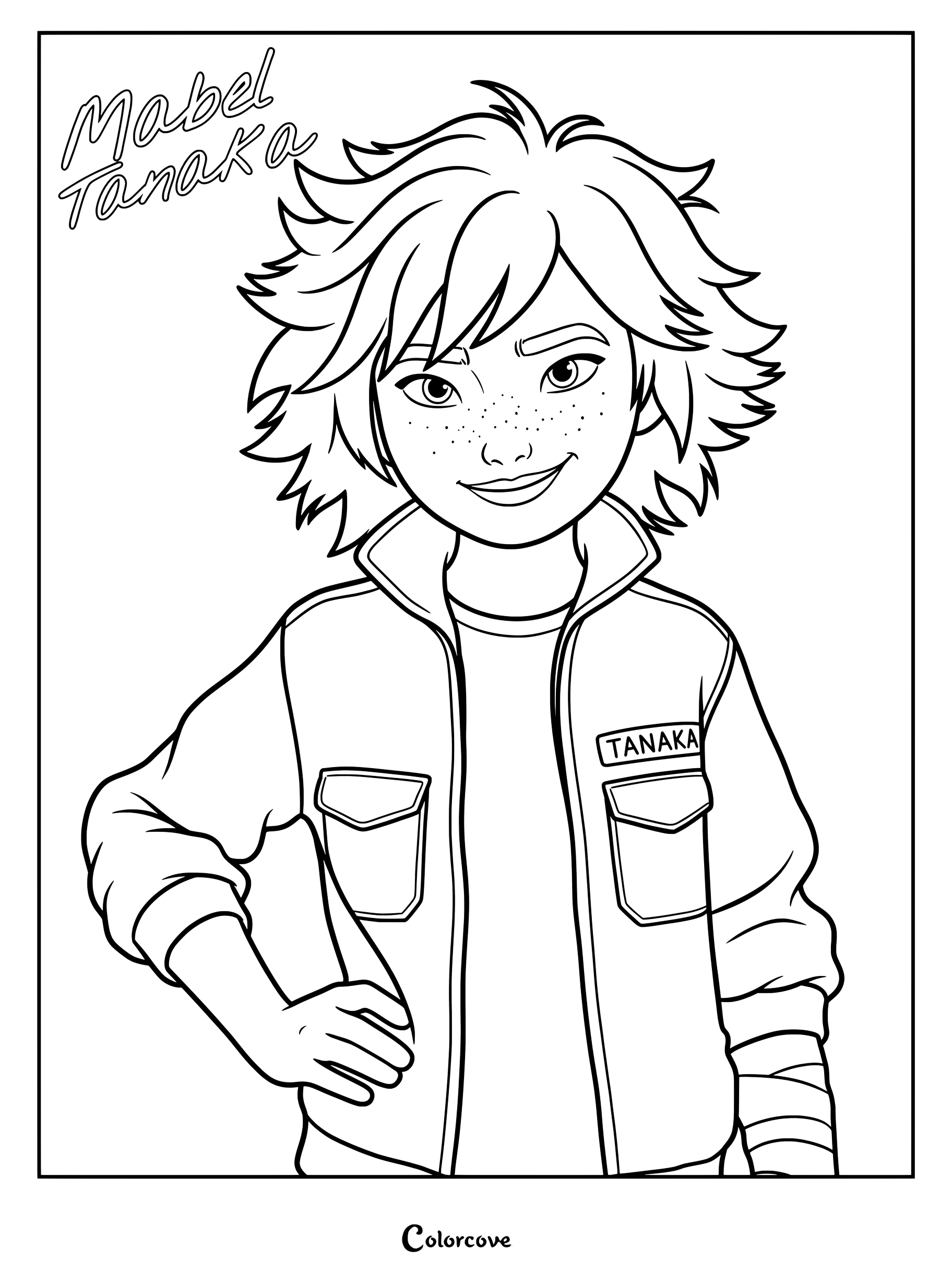 A detailed line art coloring page featuring Mabel Tanaka with her signature messy hair, freckles, and a jacket with her name tag.