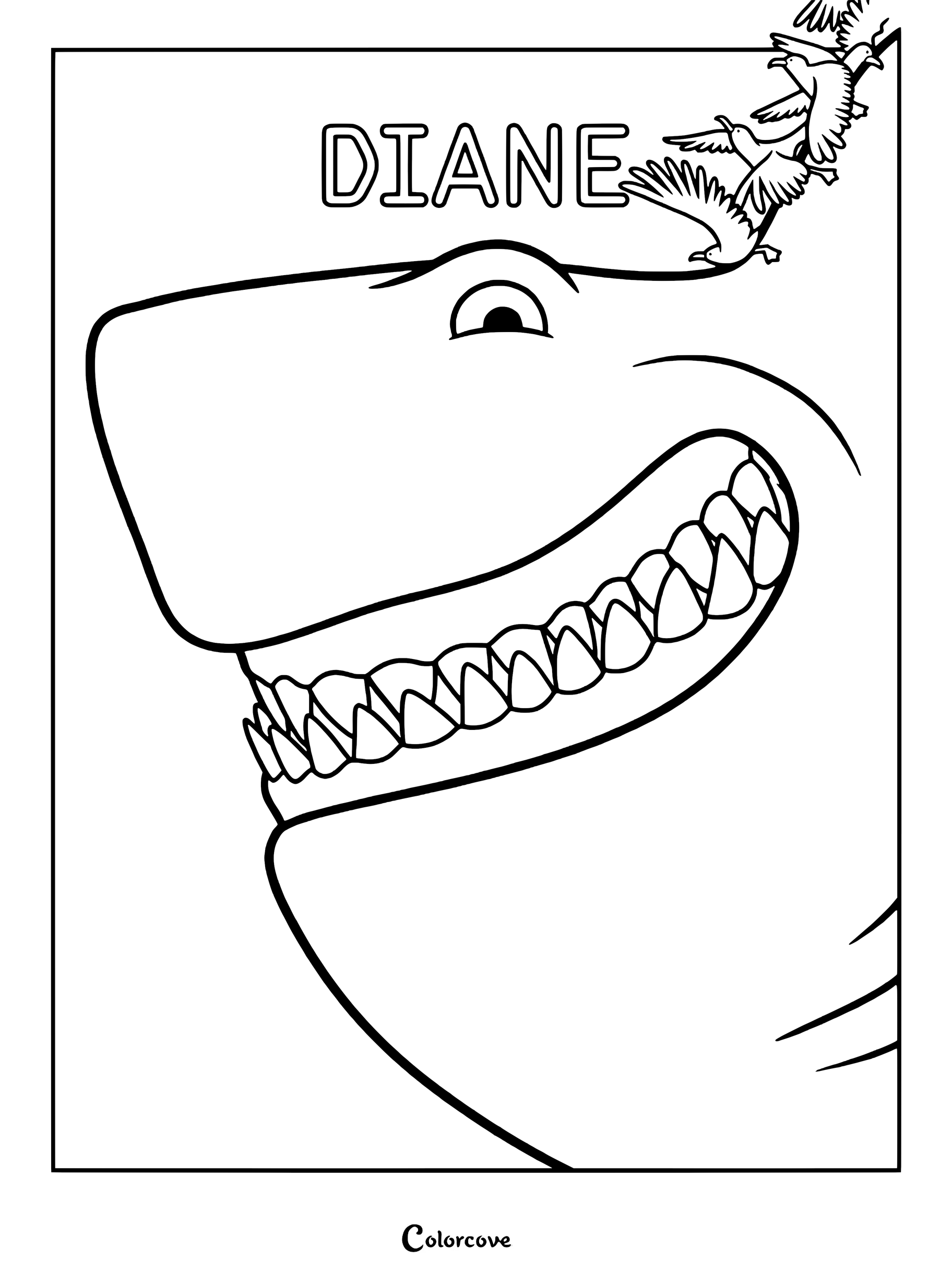 A printable coloring page featuring a close-up of Diane the great white shark smiling with sharp teeth, with small birds flying above her head.