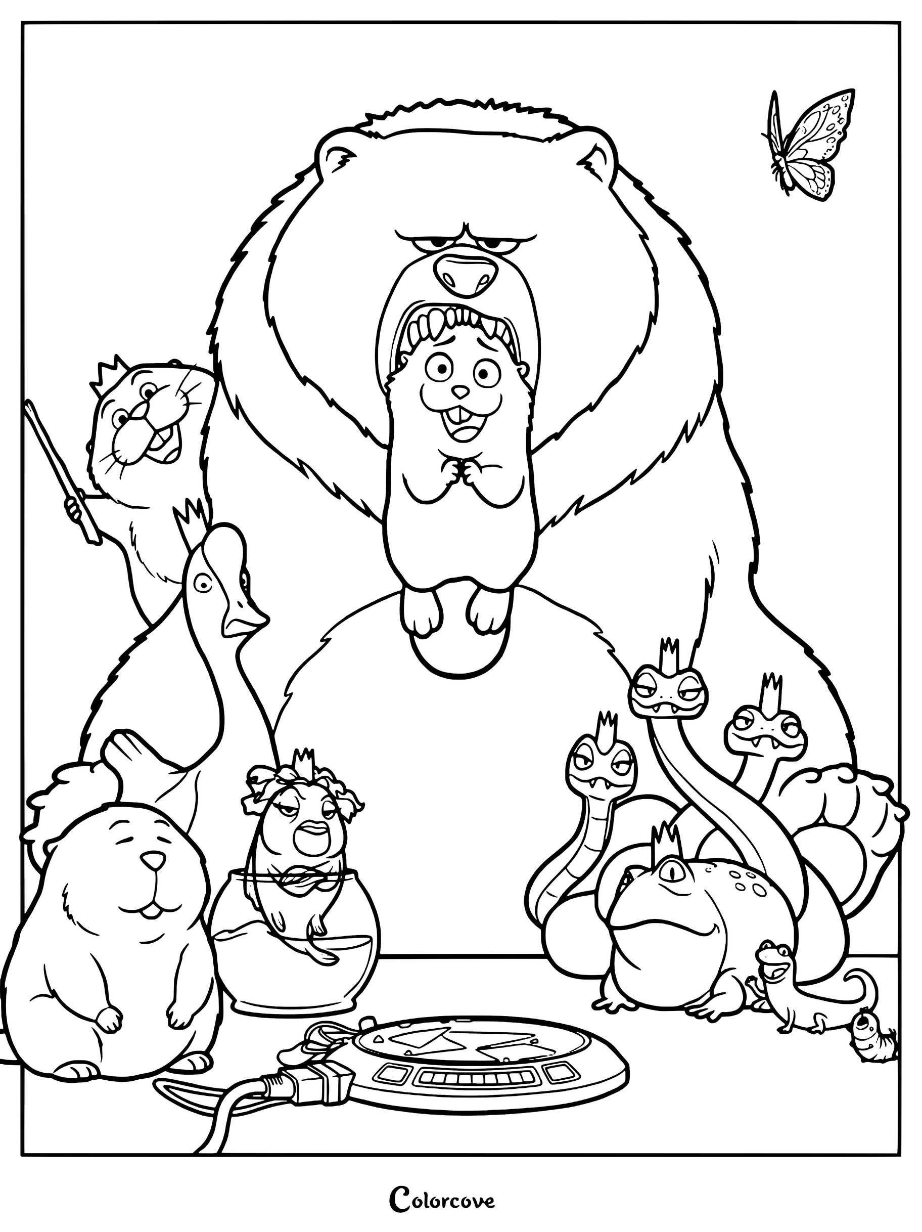 A printable coloring page featuring the main characters of Hoppers including King George, Ellen, Bird King, Fish Queen, the Reptile Queens, Amphibian King, Tom Lizard, and the Insect Queen gathered around a device.