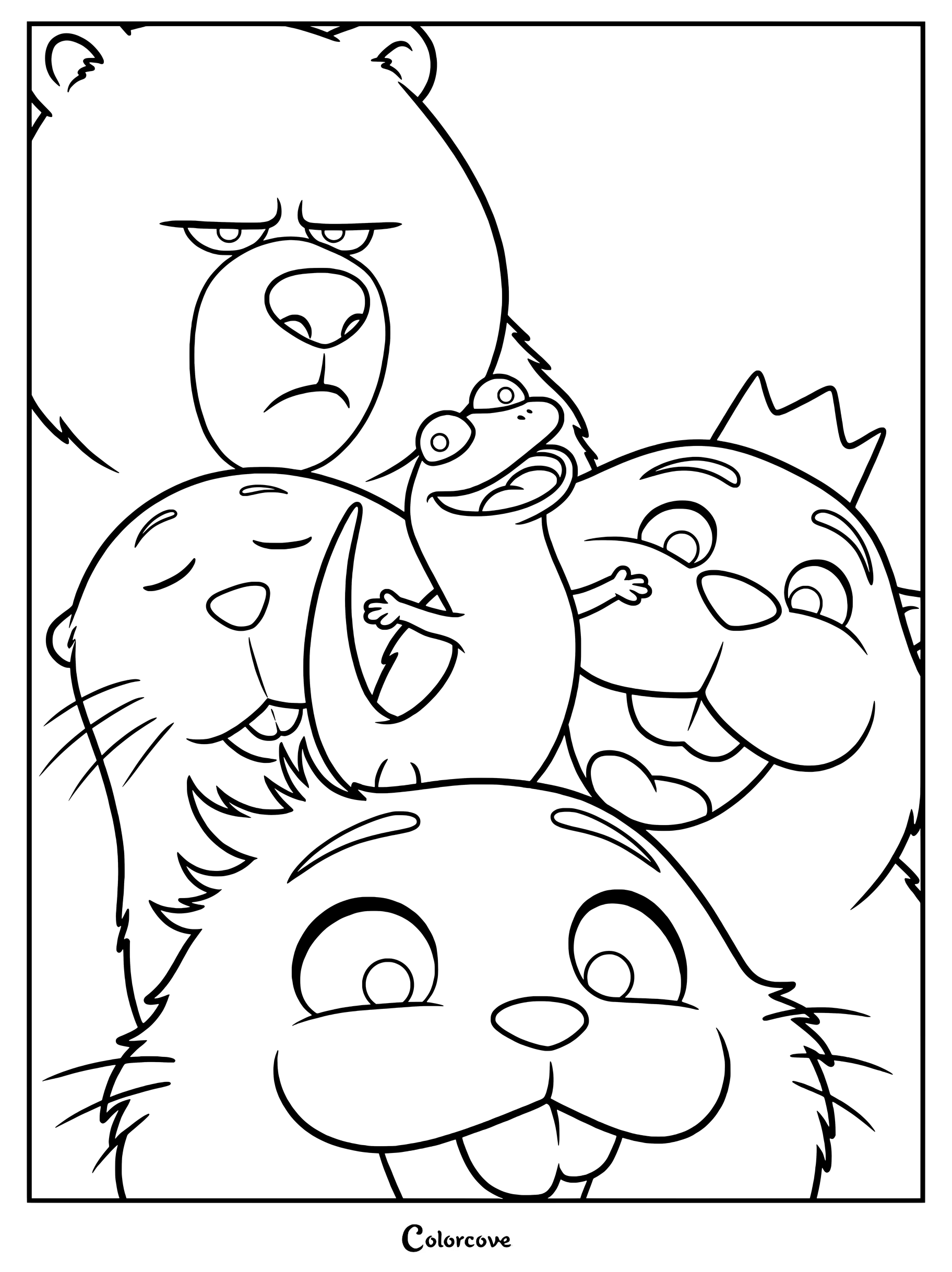 A printable coloring page featuring Ellen the bear, Tom Lizard, King George, and Loaf gathered together in a group portrait.