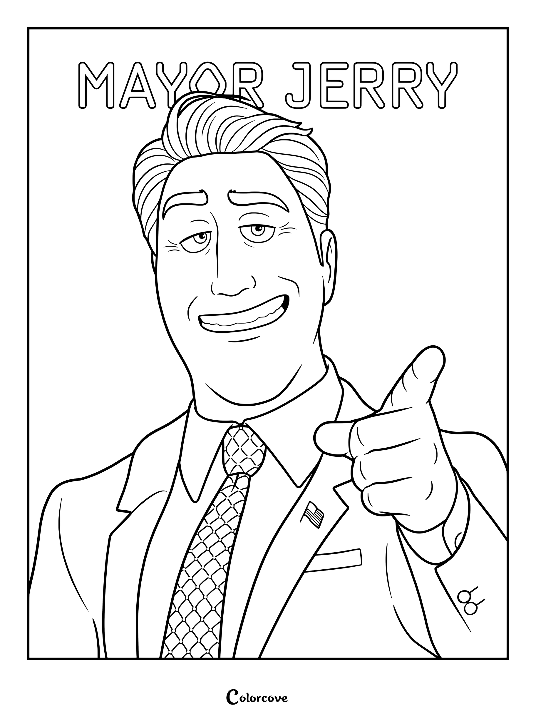 A printable coloring page featuring Mayor Jerry Generazzo from Hoppers, shown in a suit and tie pointing forward with a confident smile.