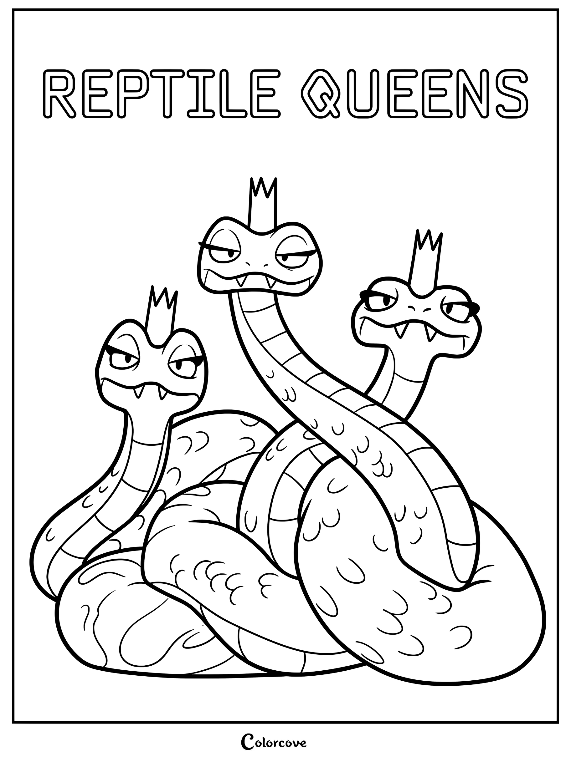 The three Reptile Queens from Hoppers, depicted as a trio of identical snakes wearing small crowns, featured in a printable coloring page.