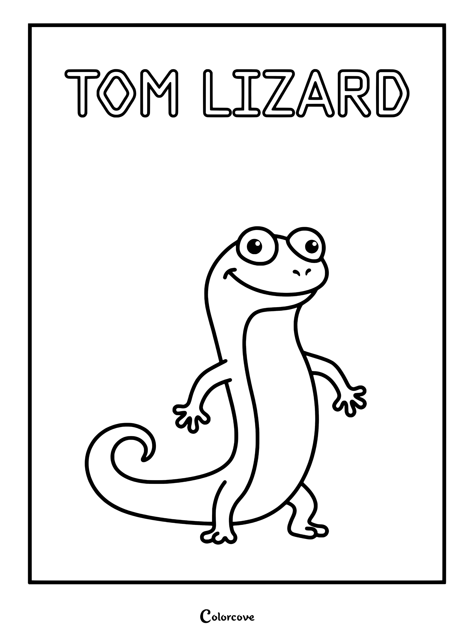 A simple black and white line art coloring page featuring Tom Lizard from Hoppers standing with a curious smile and a curled tail.