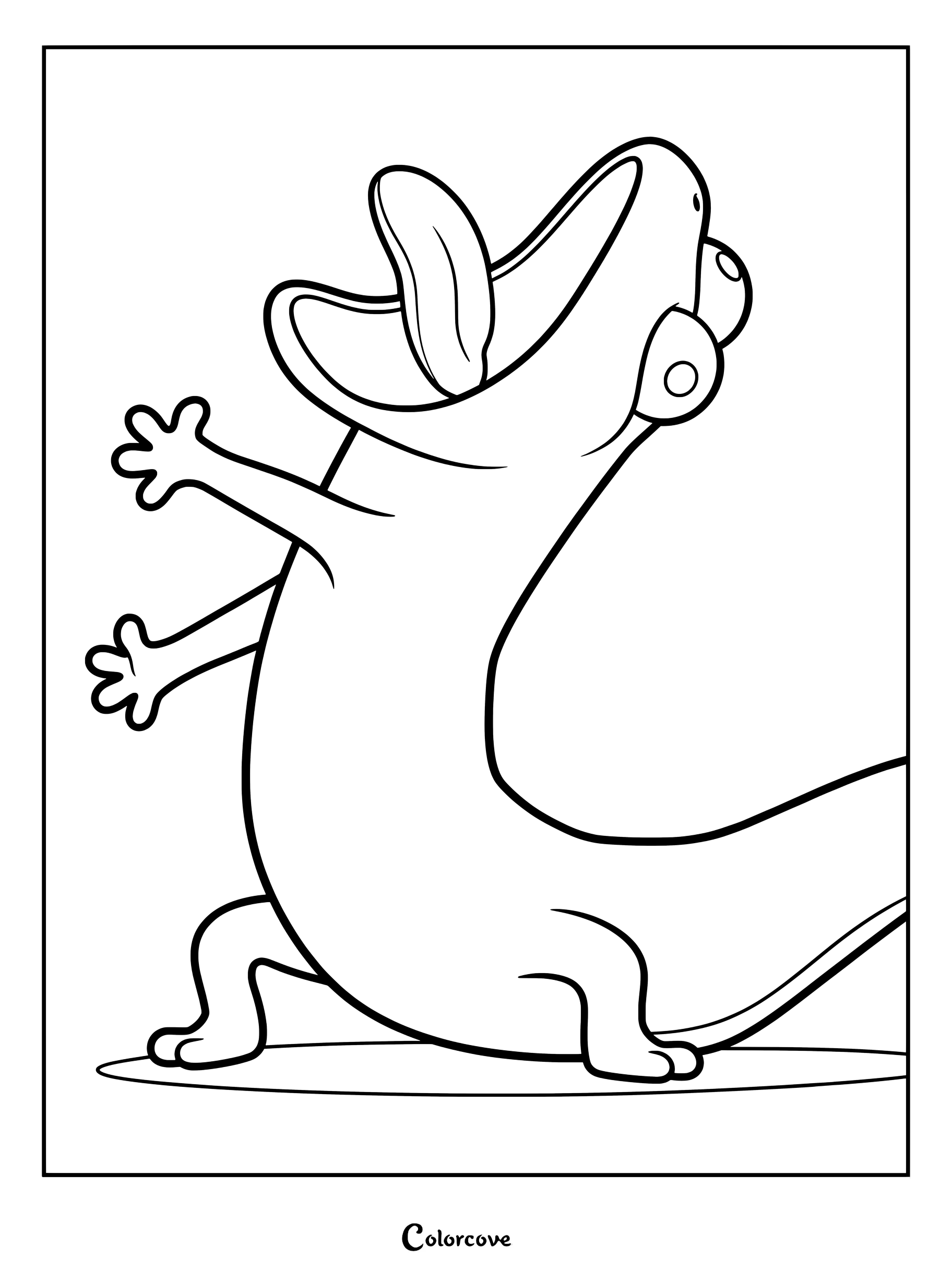 A printable coloring page featuring Tom Lizard from Hoppers with his mouth wide open and tongue sticking out.