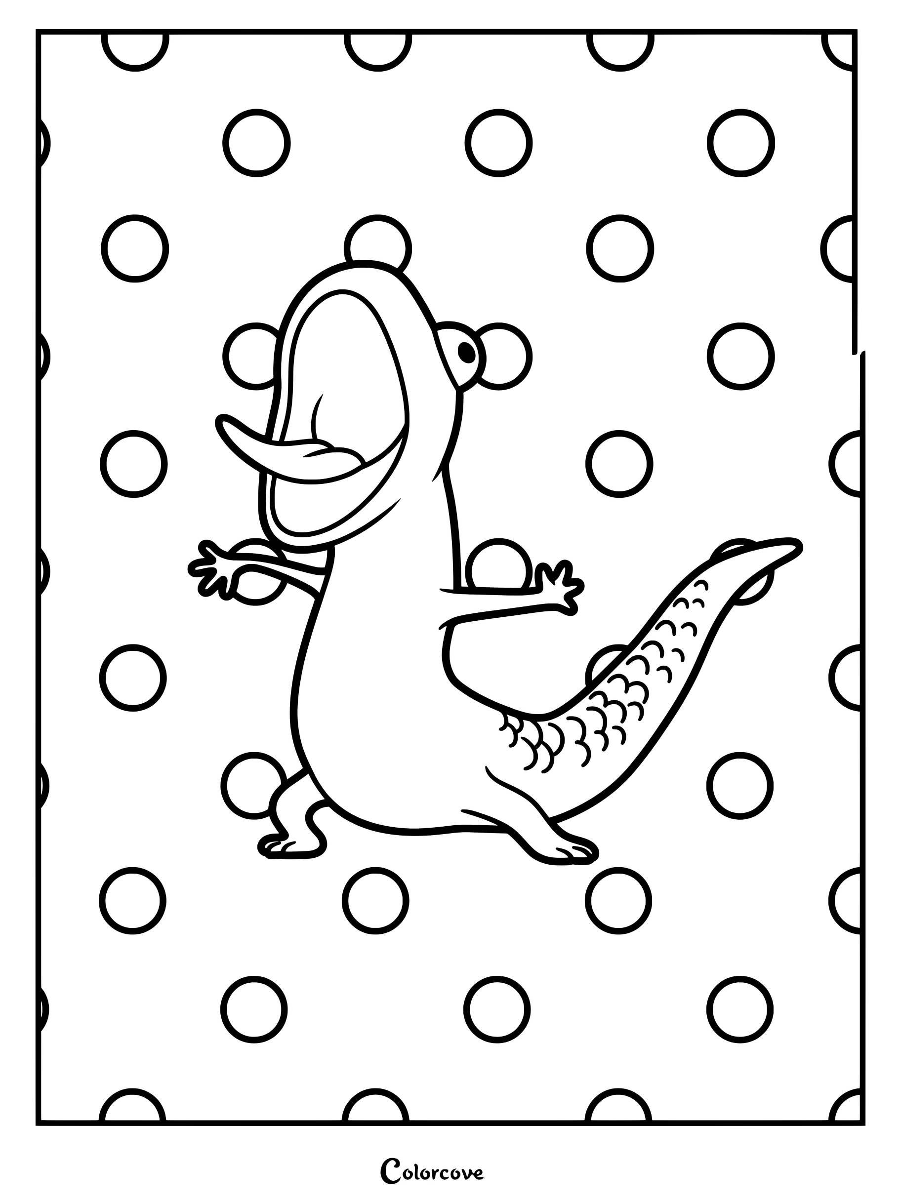 A printable coloring page featuring Tom Lizard with his mouth wide open against a polka dot background.