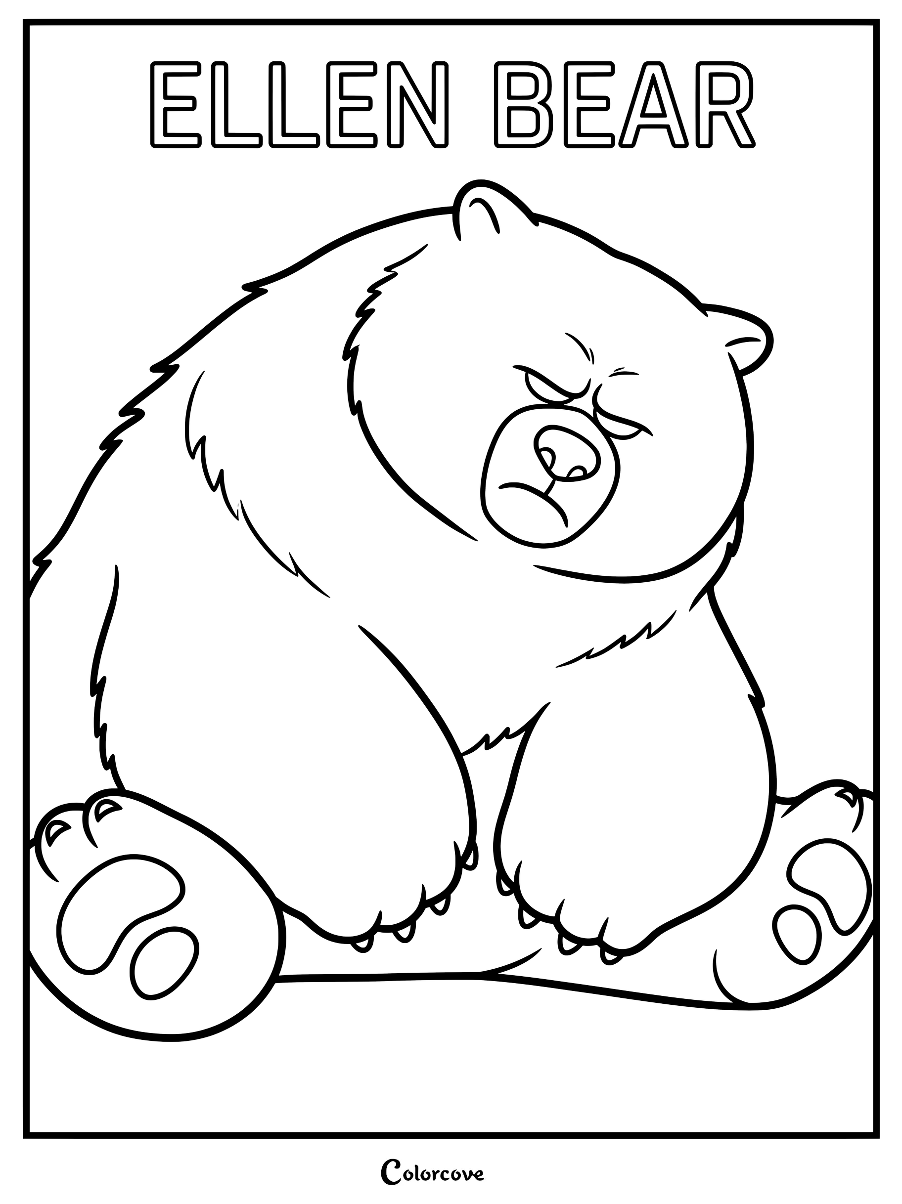 A printable coloring page featuring Ellen the grumpy brown bear from Hoppers sitting with a menacing and annoyed expression.
