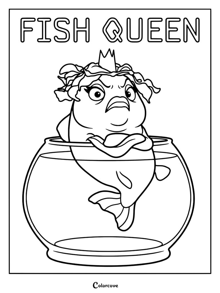 Fish Queen from Hoppers wearing a crown and resting her fins inside a glass fishbowl in this printable coloring page.