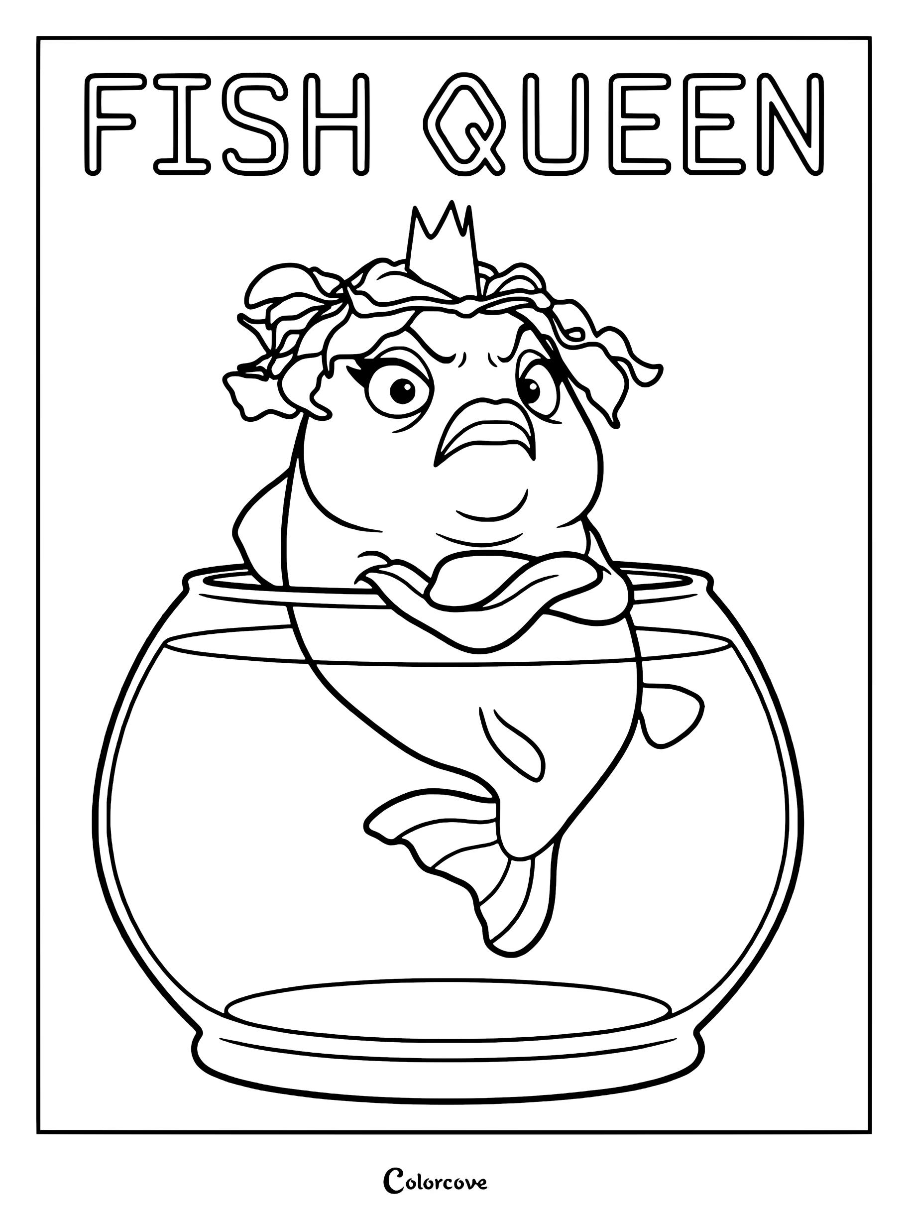 Fish Queen from Hoppers wearing a crown and resting her fins inside a glass fishbowl in this printable coloring page.