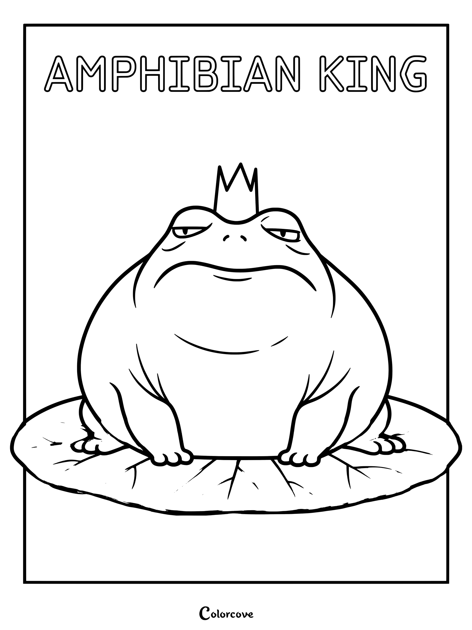 A printable coloring page featuring the Amphibian King from Hoppers, depicted as a large, grumpy frog wearing a small crown while sitting on a lily pad.