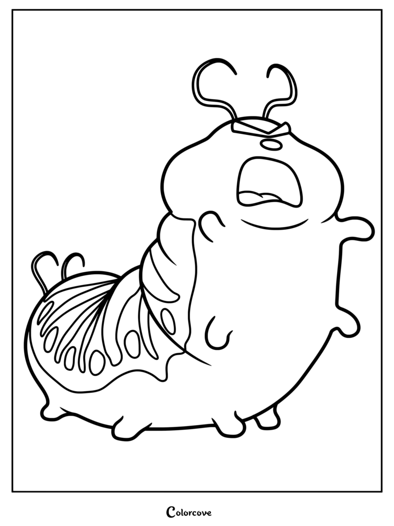 A printable coloring page featuring Young Titus, the caterpillar son of the Insect Queen, with his distinct antennae and expressive face.