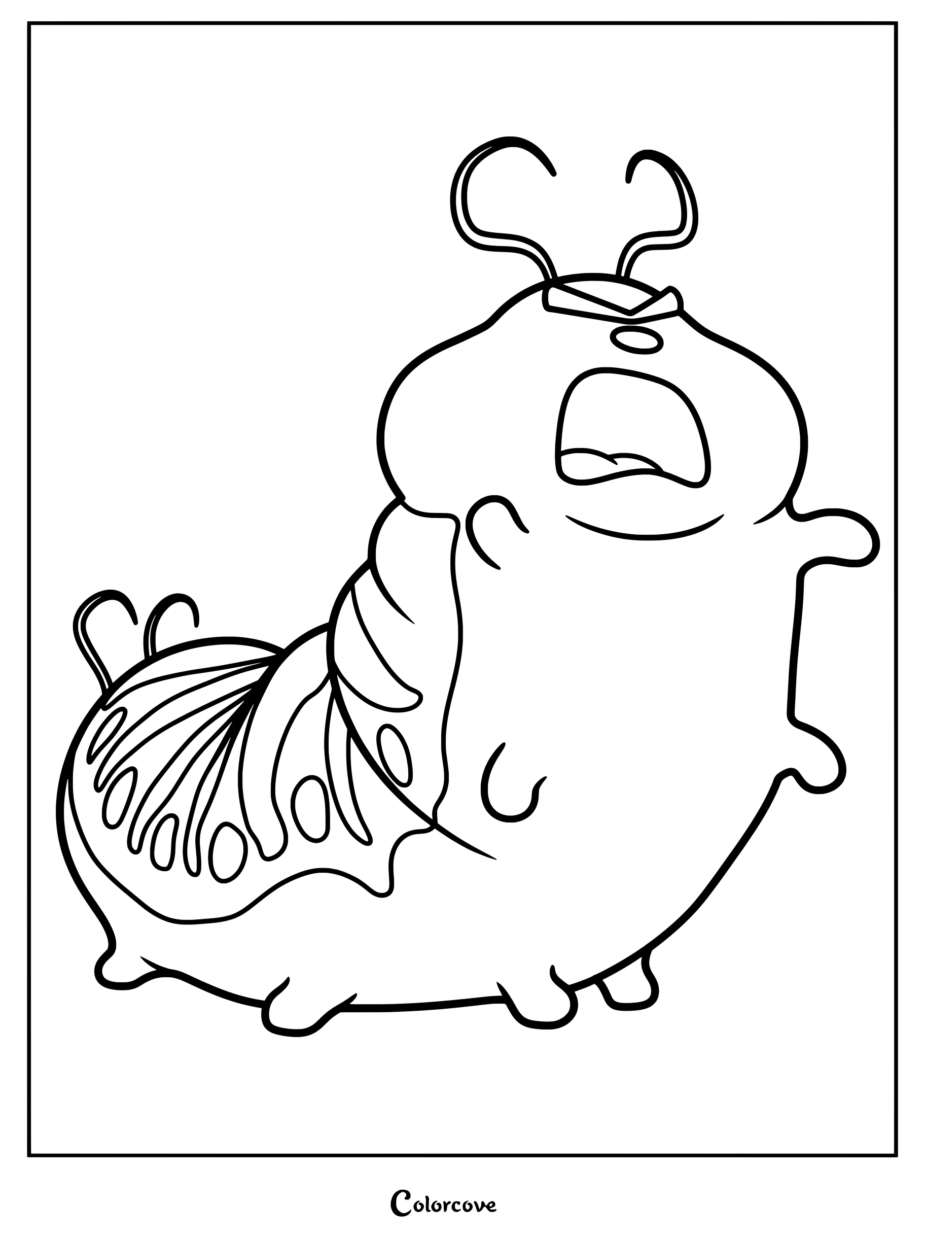 A printable coloring page featuring Young Titus, the caterpillar son of the Insect Queen, with his distinct antennae and expressive face.