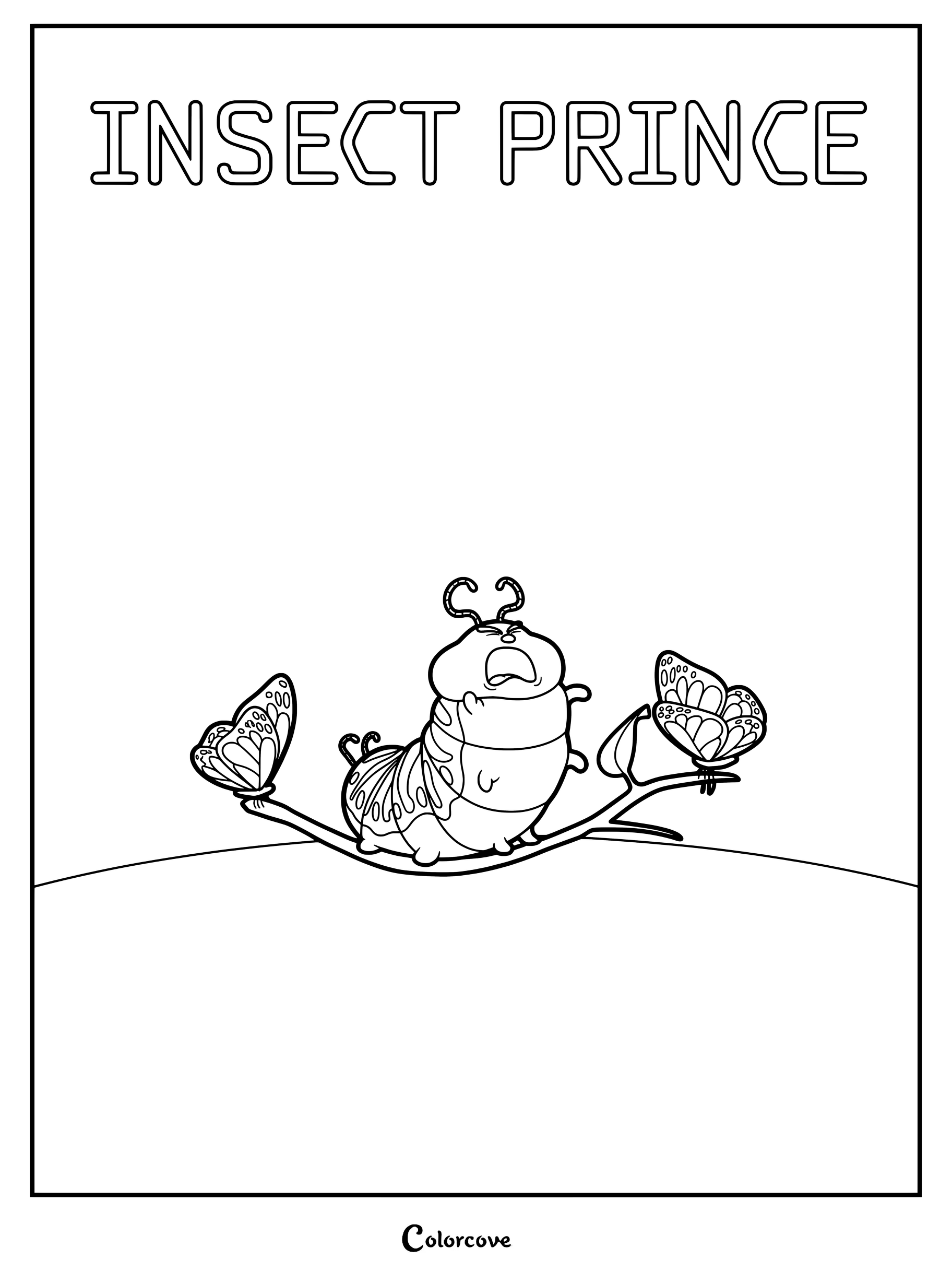 A printable coloring page featuring Titus as a young caterpillar sitting on a branch between two butterflies.